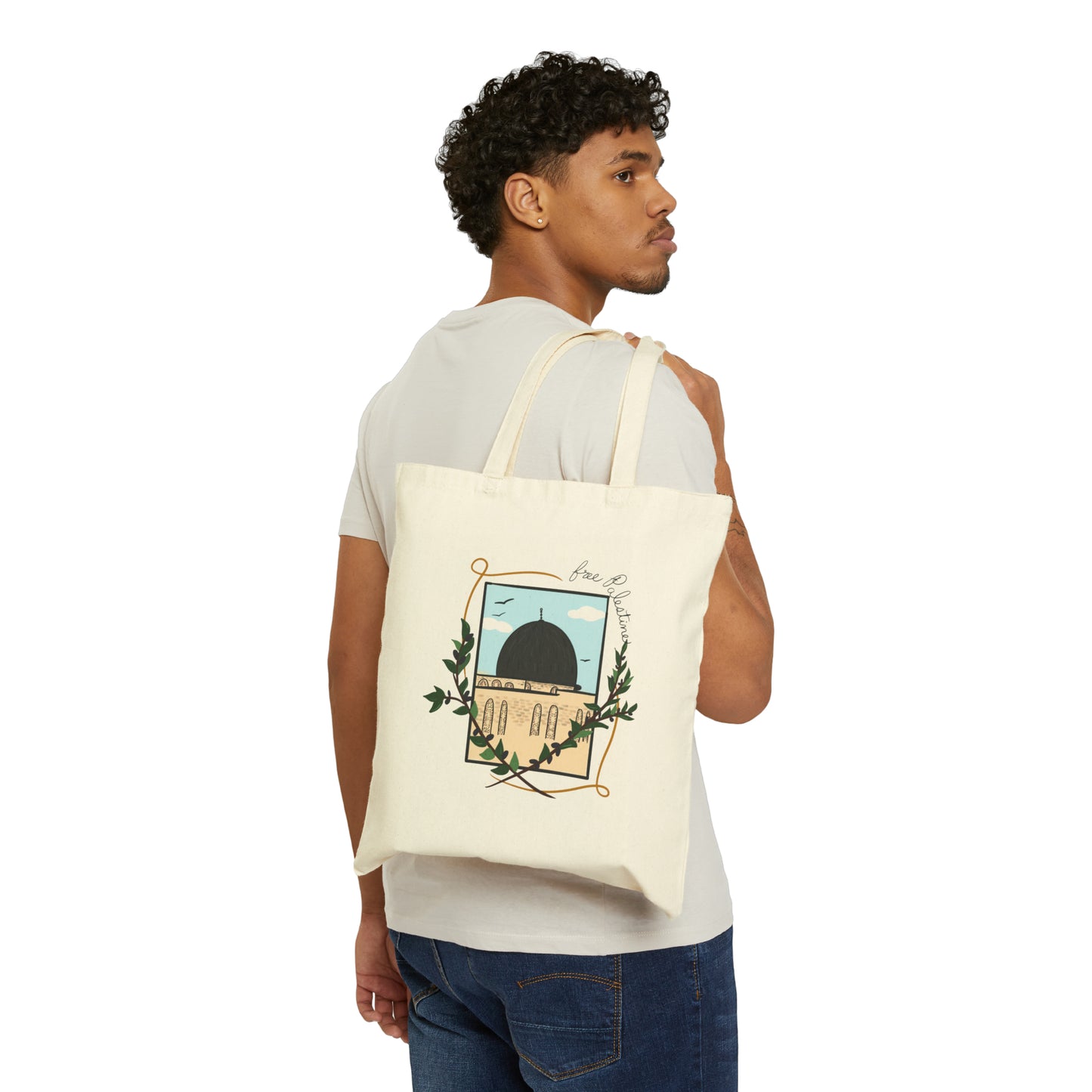 Tote Bag - Free Palestine Masjid Al Aqsa Palestine Will Be Free Olive Branches Olive Trees Cotton Canvas