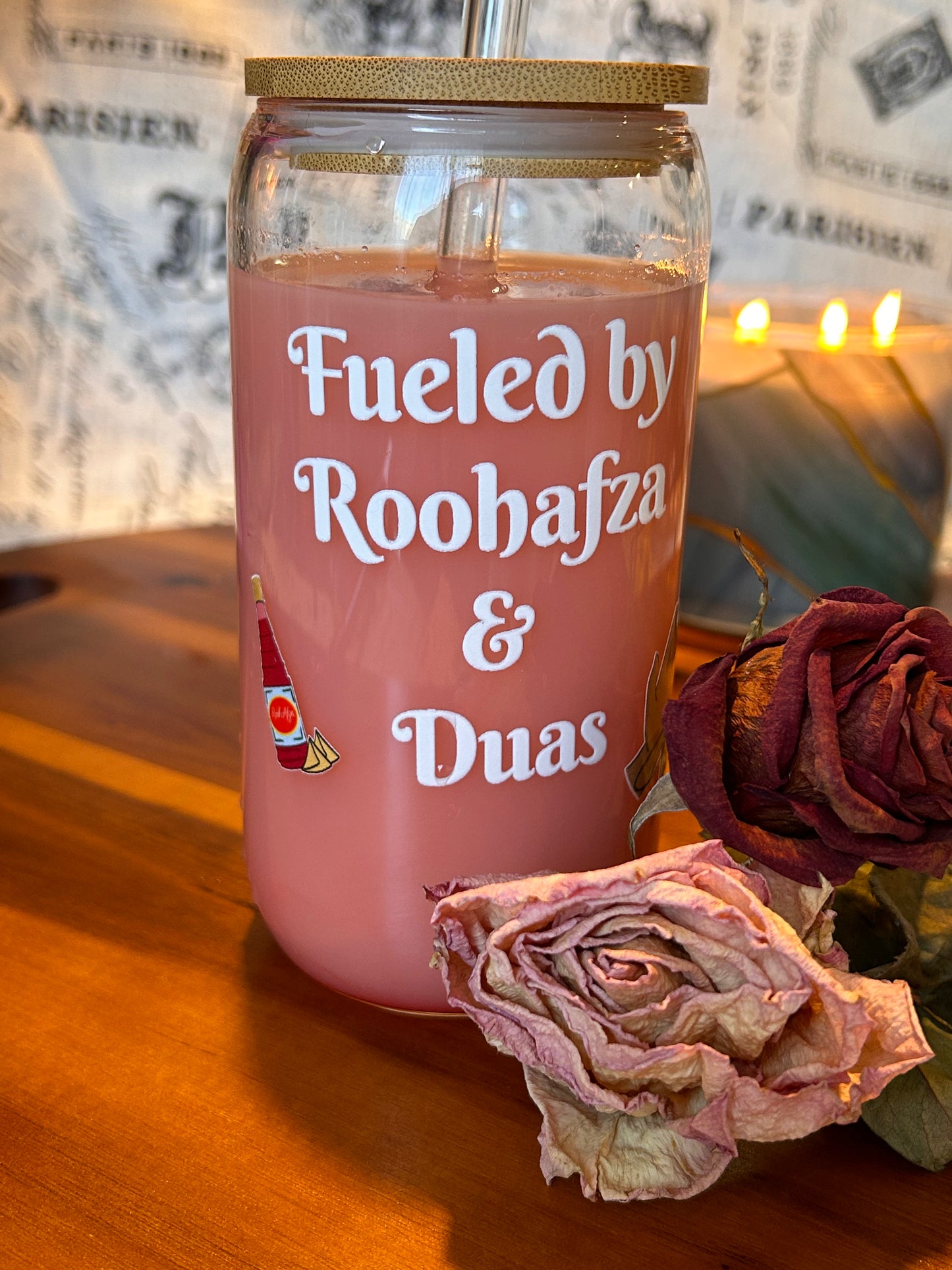 Glass Cup - Coffee & Shukr, Tranquility, Roohafza, Mago Lassi with Bamboo Lid and Glass Straw