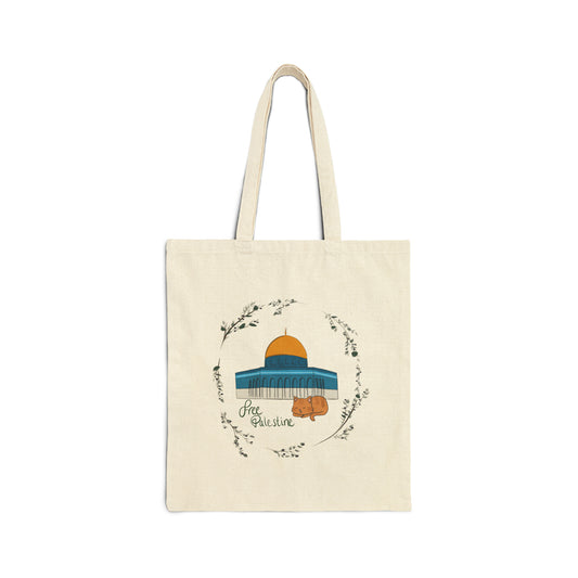 Tote Bag - Free Palestine Dome of the Rock Kitten Olive Branches Cotton Canvas