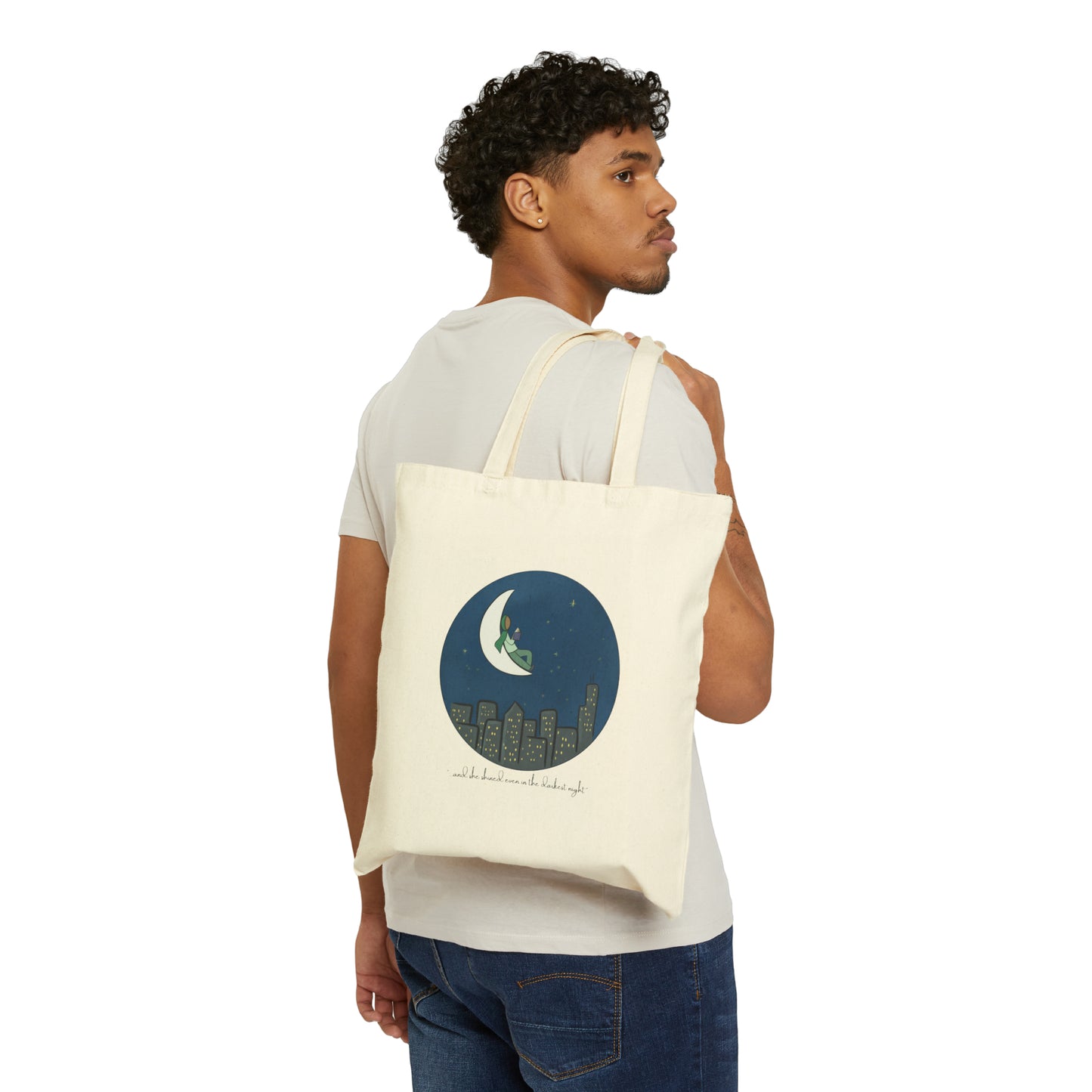 Tote Bag - Hijabi Reading Dreamer Moon Lit Night City Lights  Cotton Canvas