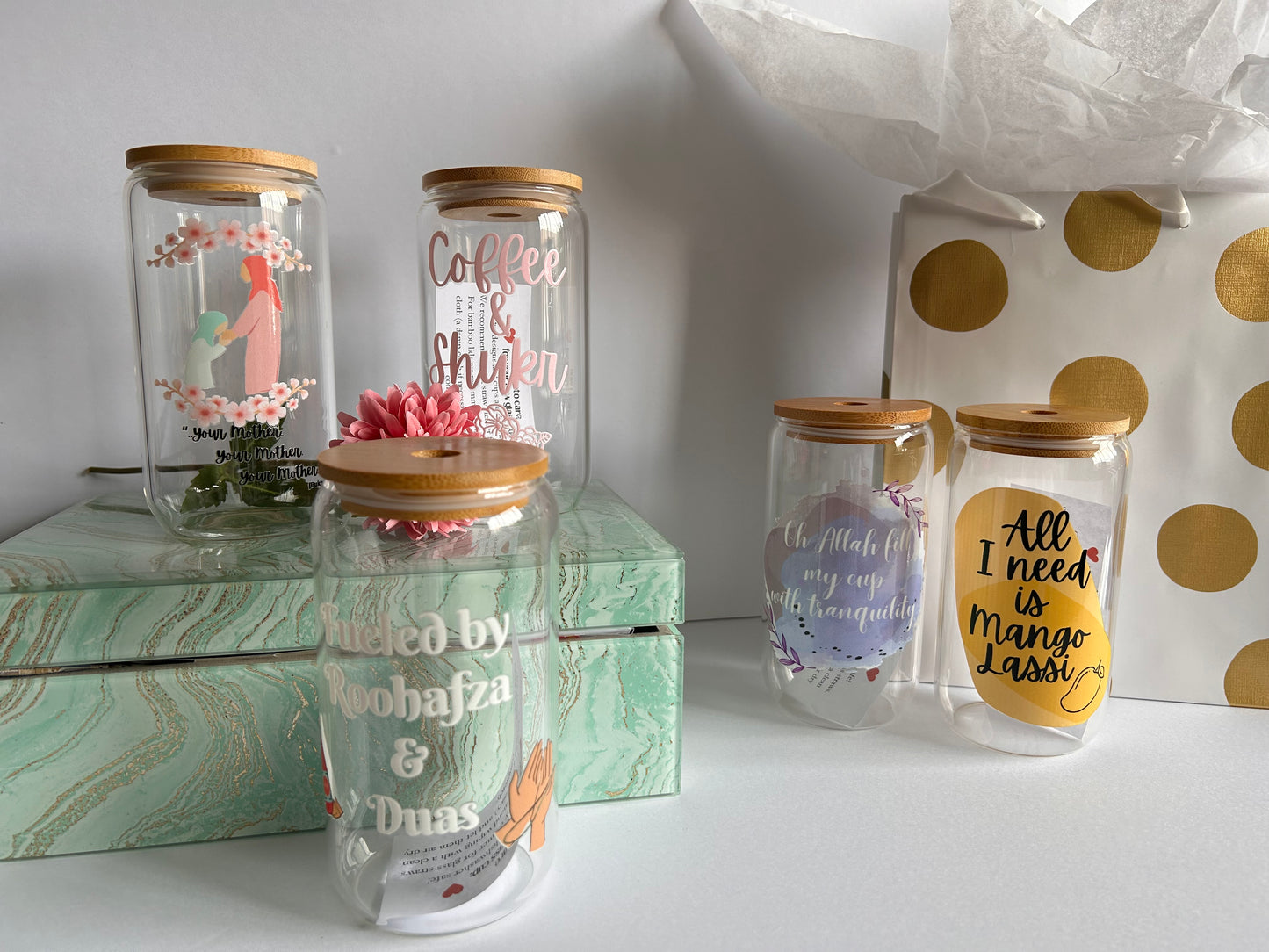 Glass Cup - Coffee & Shukr, Tranquility, Roohafza, Mago Lassi with Bamboo Lid and Glass Straw