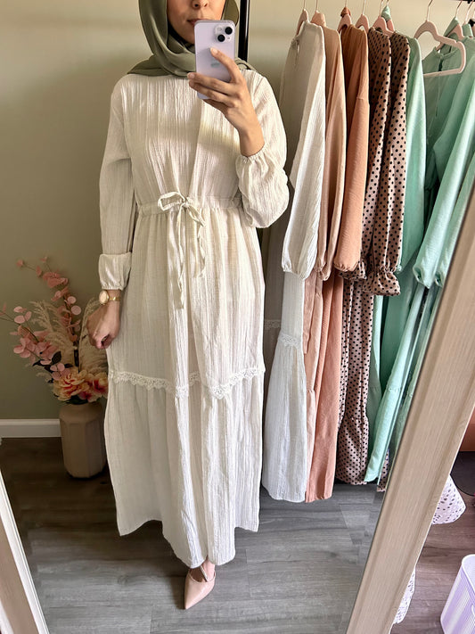 Lace Tunnel Modest Dress - Ecru