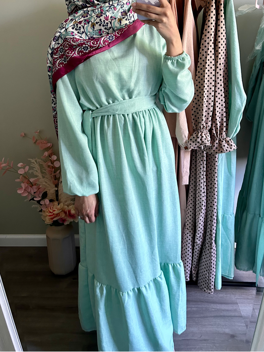 Woven Tie Waist Ruffle Dress - Seafoam